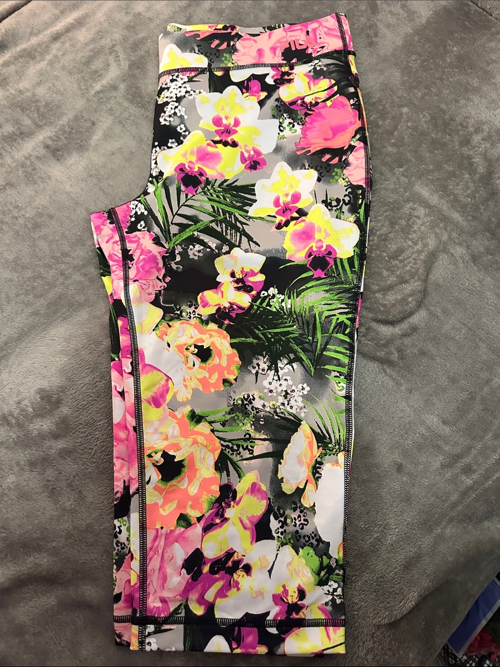 Floral Tropical Print Active Leggings - Neon Pink & Yellow